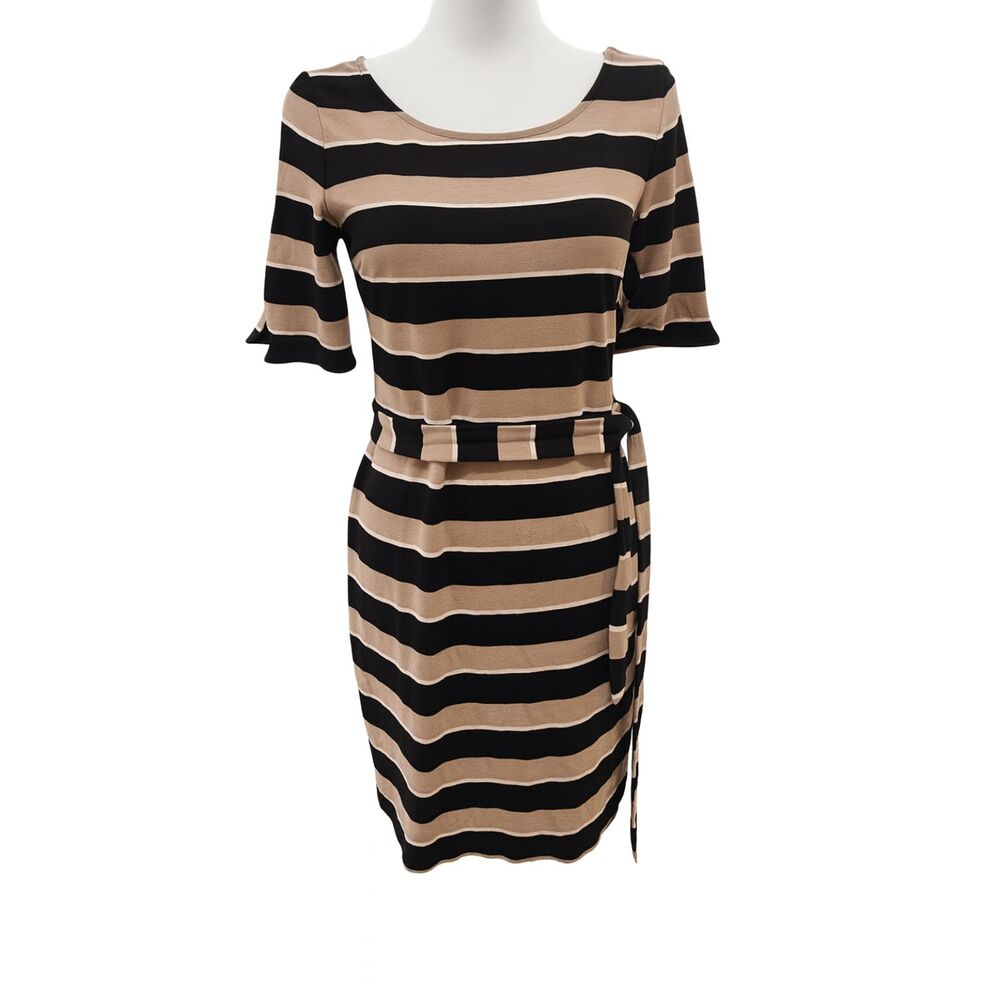 Striped Knit Tie-Waist Dress Tan Black Stretch V-Neck Short Sleeve Knee-Length S